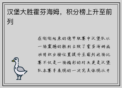 汉堡大胜霍芬海姆，积分榜上升至前列