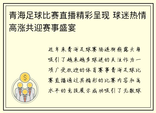 青海足球比赛直播精彩呈现 球迷热情高涨共迎赛事盛宴